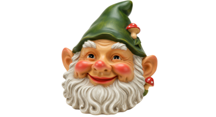 Smiling gnome head isolated on transparent PNG, garden decoration with green hat and mushrooms for outdoor whimsical decor