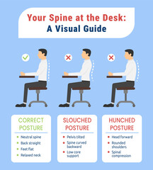Correct vs Incorrect sitting postures infographic. Flat vector guide to ergonomic sitting postures for office workers