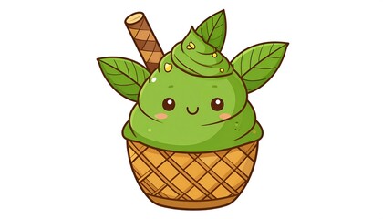 Cute Matcha Ice Cream with Leaves and Wafer Cartoon Illustration