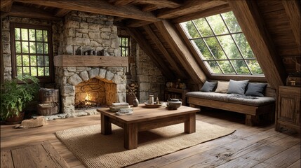 Obraz premium Cozy living room decoration with rustic farmhouse style vintage furniture warm house environment inviting view