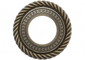 Ornate circular metal frame with rope and leaf motifs isolated on a transparent background