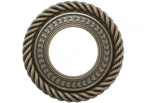 Ornate circular metal frame with rope and leaf motifs isolated on a transparent background