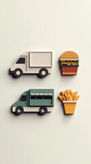 3D minimalist illustration of two food trucks with a burger and fries on a light background, representing street food and fast-food delivery.