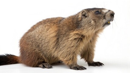 Marmot with stout body, thick brown fur, and alert expression, sitting on a clean white studio background, realistic ground-dwelling rodent portrait, sharp focus, professional lighting