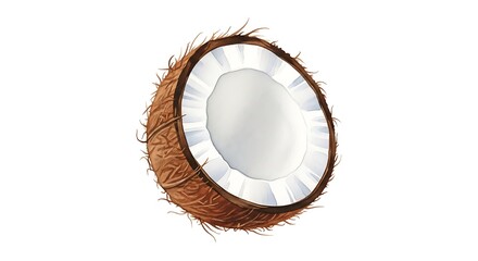 Fresh halved coconut with white flesh and brown fibrous shell, perfect for tropical themes
