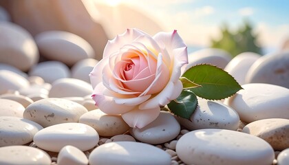 Delicate Pink Rose on White Pebbles: A Serene and Peaceful Composition