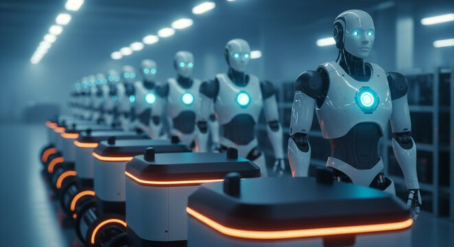 A futuristic factory line with humanoid robots overseeing the production and assembly of automated delivery vehicles on conveyor belts