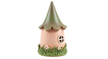 Whimsical fairy house isolated on transparent background, charming garden decor with green roof and pink walls PNG