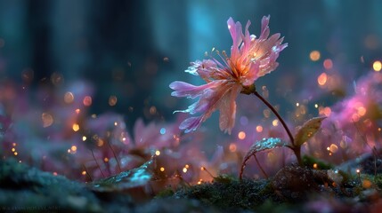 A mesmerizing, ethereal flower of unworldly beauty blooms in a magical, radiant garden with glowing fireflies.