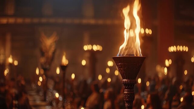 Medieval tavern atmosphere with a time lapse of a torch casting warm light across a gathering of people in a dimly lit hall