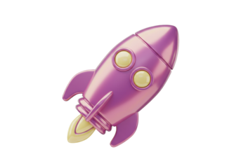 Shiny pink rocket ship PNG isolated on transparent background, retro space travel concept for kids and futuristic design