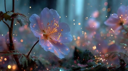 A magical flower glows in an enchanted garden, surrounded by twinkling fireflies.