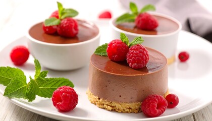 Delicious chocolate desserts with raspberries and mint on a white plate