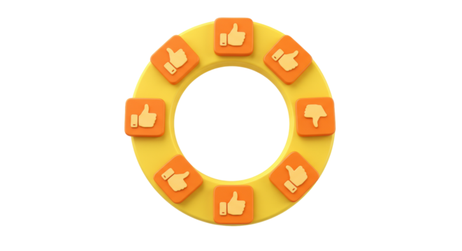 Yellow ring with thumbs up and down icons isolated PNG, social media feedback symbols for rating and user experience design