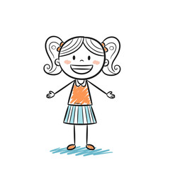 Fototapeta premium A happy cartoon girl with pigtails and a cheerful expression is shown with her arms outstretched welcomingly.