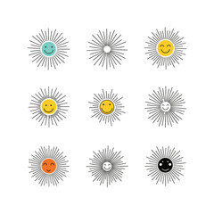 Collection of nine sun-like abstract circular graphics featuring various smiley faces and radiating lines.