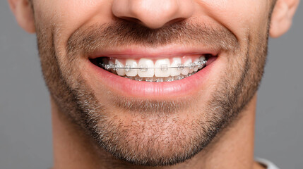 Close up of adult man smiling proudly with ceramic braces symbolizing orthodontic treatment