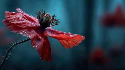 A mystical, enchanting poppy flower, radiating beauty and mystery, stands proudly in a magical, shimmering garden.