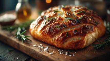 Artisan bread with rosemary and sea salt on a wooden cutting board