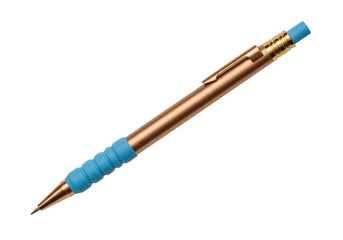 Naklejka premium Mechanical pencil with bronze body and blue grip isolated on transparent background, drafting tool for drawing and writing