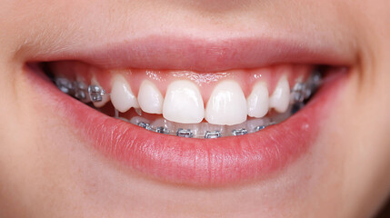 Happy young woman with clear aligners invisible braces smiling confidently