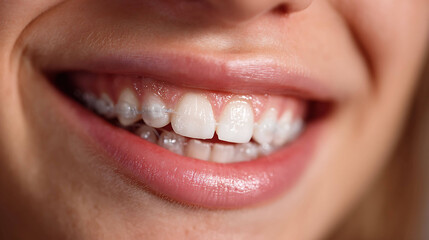 Fototapeta premium Happy young woman with clear aligners invisible braces smiling confidently