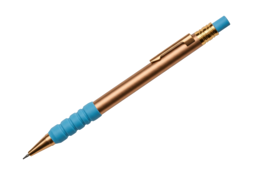 Mechanical pencil with bronze body and blue grip isolated on transparent background, drafting tool for drawing and writing