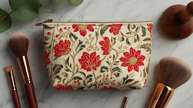 Vintage Floral Pattern Cosmetic Bag with Brushes