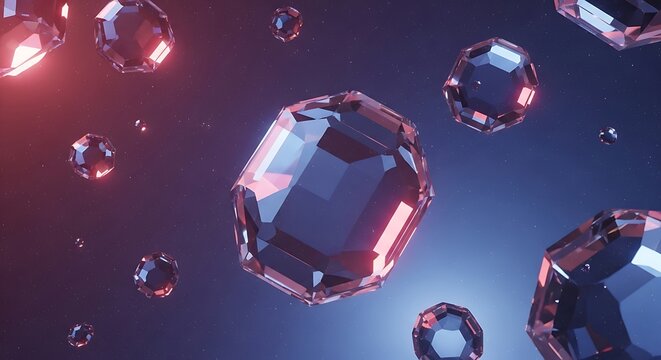 Abstract Floating Gemstones with Red and Blue Lighting.