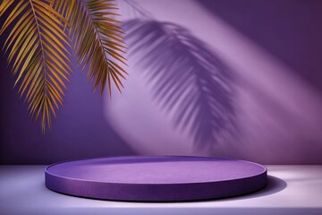 Purple platform with palm leaf, cast shadow on a wall. Stage, podium, background