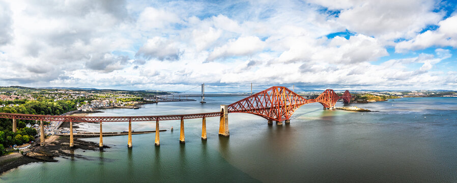 Forth Bridge from a drone, Queensferry Crossing, Forth Estuary, Scotland