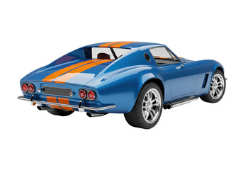 Blue vintage sports car with orange stripes isolated, classic automobile on transparent background