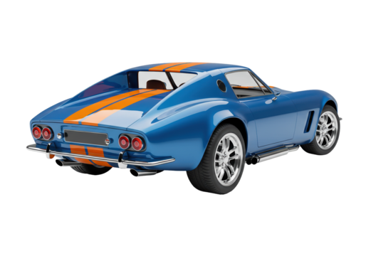 Blue vintage sports car with orange stripes isolated, classic automobile on transparent background