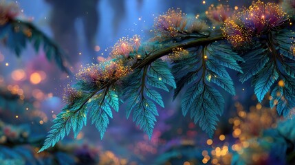 A mystical, elegant plant branch adorned with enchanting leaves stands out in a magical, radiant garden.