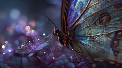 Close-up of a magical butterfly on a beautiful purple flower at night. Fantastic miraculous garden with firefly light glow near mysterious flowers.