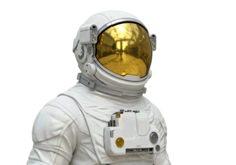 Astronaut in spacesuit with golden visor isolated, futuristic spaceman in white suit PNG