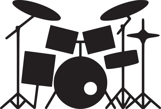 A black and white illustration of a drum set with cymbals and drums on a white background image view