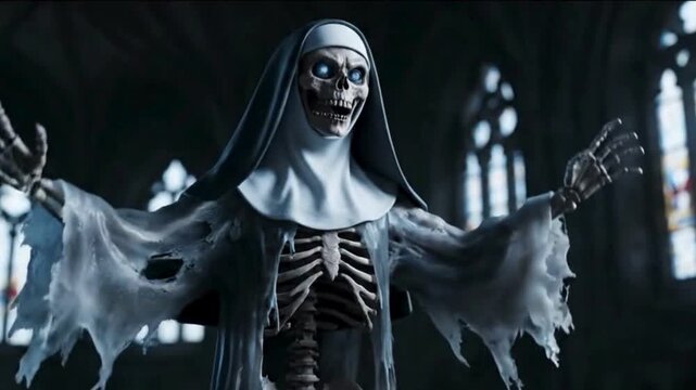3D animation for Halloween, featuring a macabre yet captivating Ghost Nun Bone performing a spirited dance. 