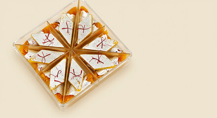 Square transparent gift box containing kaju katli indian sweets arranged in a star pattern with saffron threads. Traditional cashew nut dessert for diwali festival and celebrations on a clean beige ba