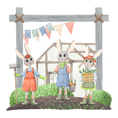 Gardener rabbits, greenhouse and garden bushes