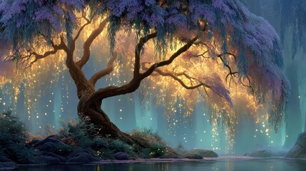 A fairy-tale mystical willow tree by the river.