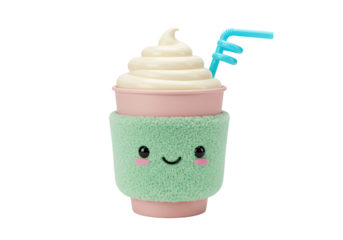 Cute plush toy milkshake isolated on transparent background, kawaii style drink with a straw