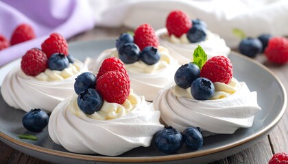 Delicious Pavlova Desserts with Fresh Berries on a Plate, Close Up