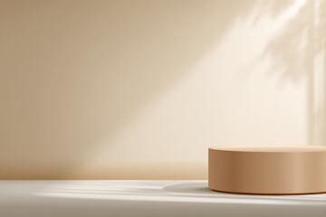 A product pedestal bathed in soft sunlight with leaf shadows on a beige background