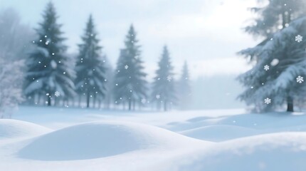 Beautiful Winter Forest with Snow covered Trees and Gentle Snowflakes