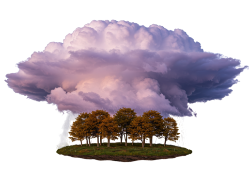 Autumn trees under a stormy cloud isolated PNG, rain falling on a small island on transparent background