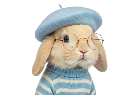 Adorable bunny rabbit wearing glasses and a beret isolated, cute pet in a blue striped sweater