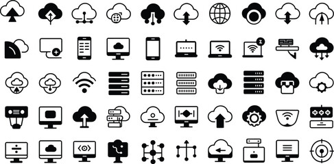 Cloud computing icon set, black line symbols, data storage, internet connectivity, digital communication, server technology, mobile devices, network, web interface