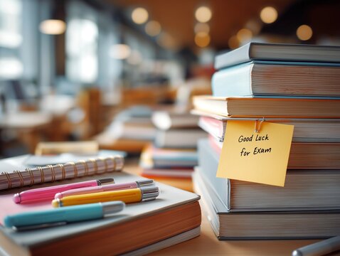 Stack of textbooks with colorful pens and yellow sticky note reading Good Luck for Exams on wooden desk. Bokeh lights create encouraging atmosphere for students during study session and test
