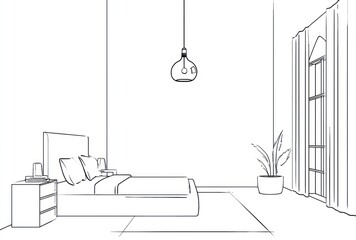 Line drawing of a bedroom featuring bed, window with curtains, lamp, plant, and nightstand